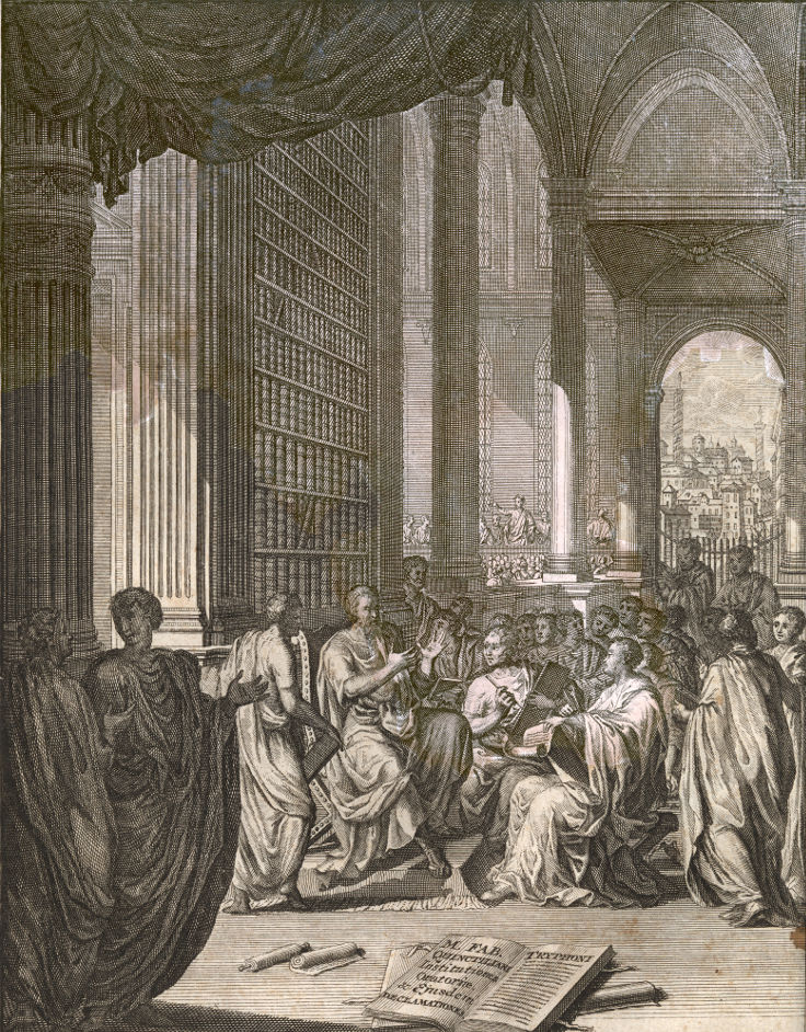Image of Quintilian teaching rhetoric, engraved by Pieter Burman(n) the Elder.